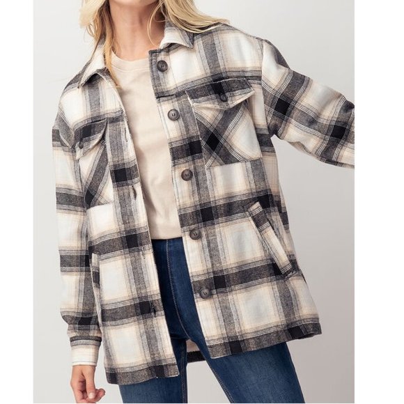 Sherpa Lined Plaid Flannel Shirt Jacket Shacket - Picture 3 of 9